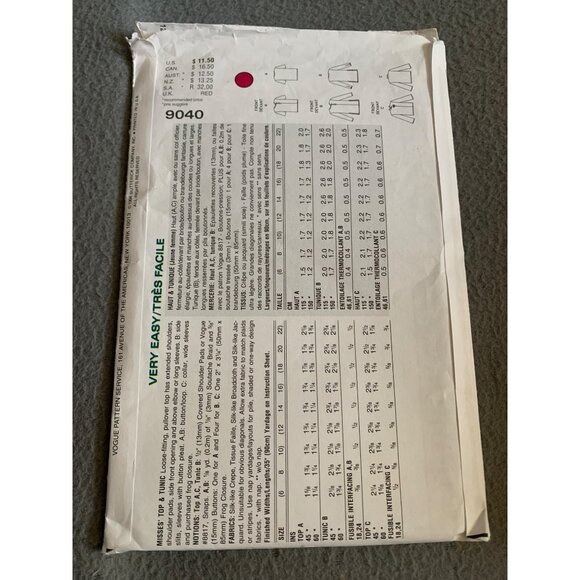 Vogue 9040 Sewing Pattern Womens Tops Size 12-14-16 1994 - Picture 2 of 2